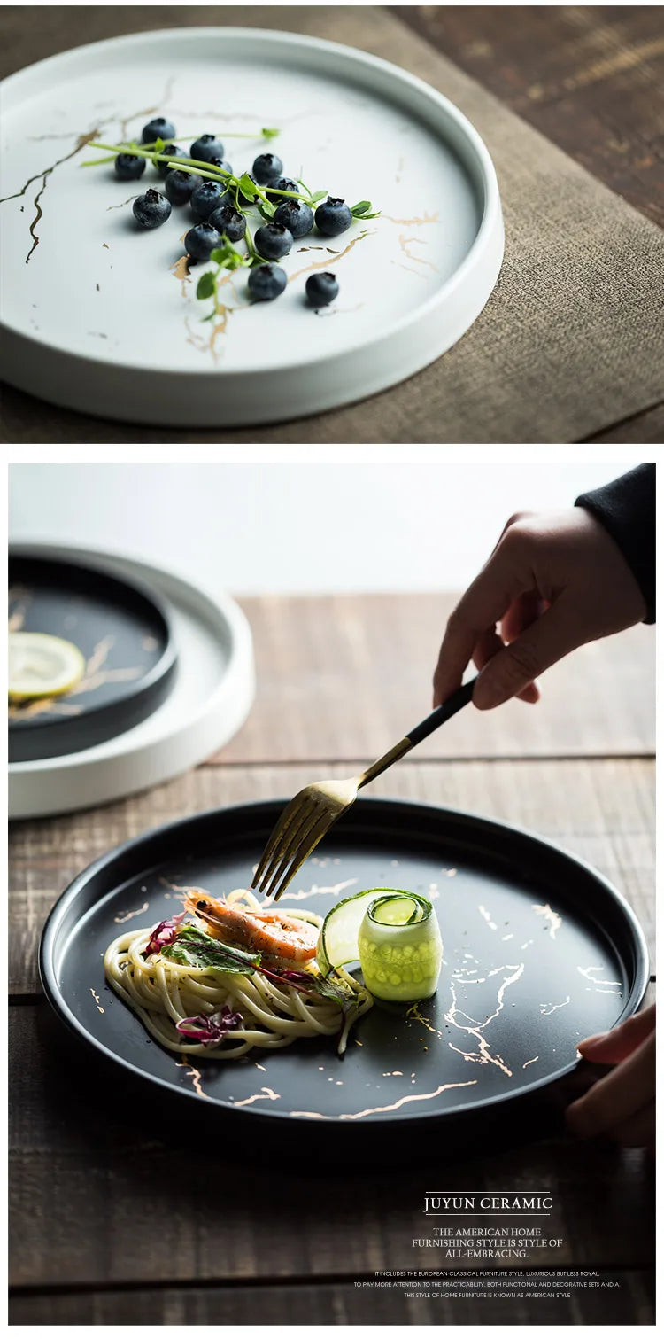 Nordic Luxury Marble Glazed Golden Pattern Ceramic Plate