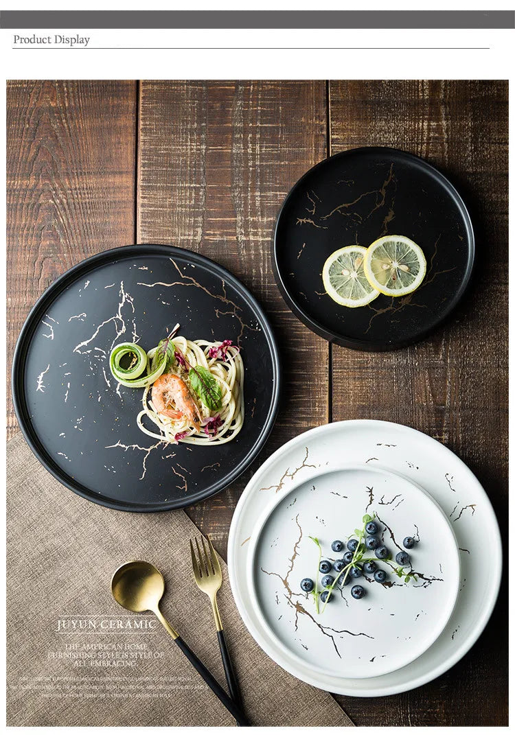 Nordic Luxury Marble Glazed Golden Pattern Ceramic Plate