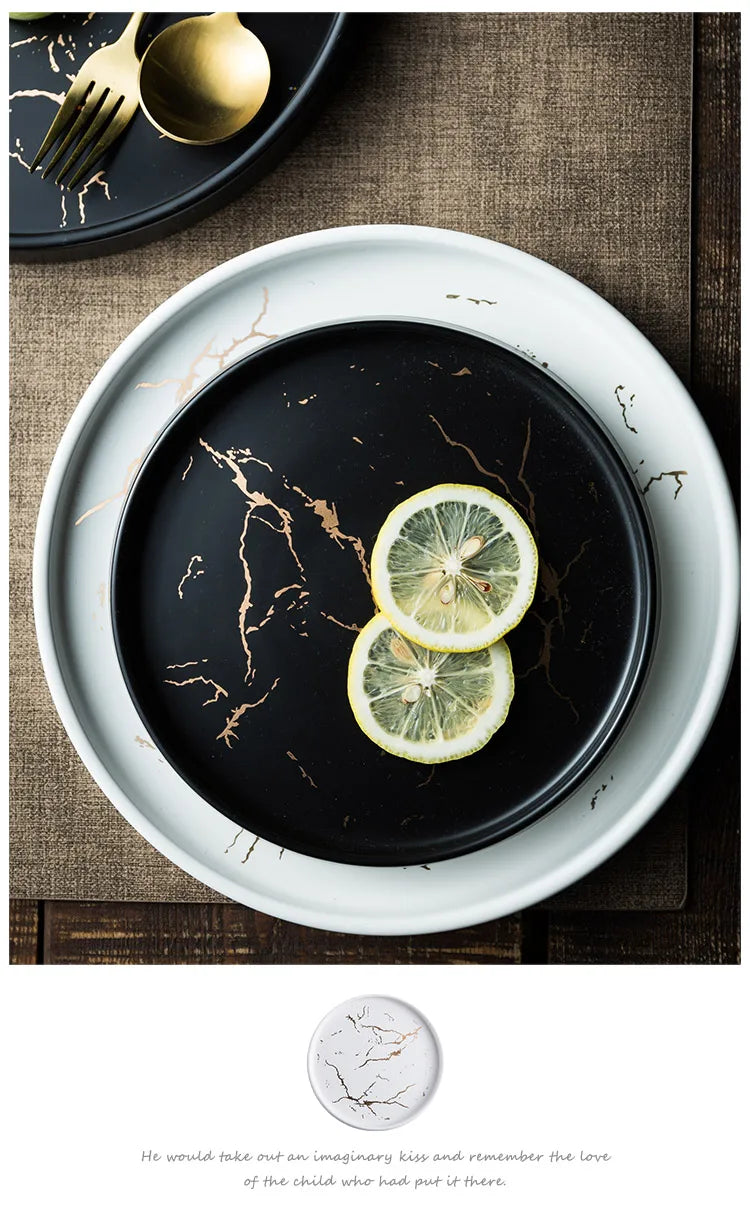 Nordic Luxury Marble Glazed Golden Pattern Ceramic Plate