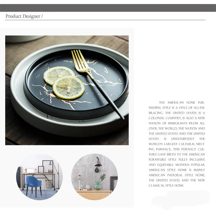 Nordic Luxury Marble Glazed Golden Pattern Ceramic Plate