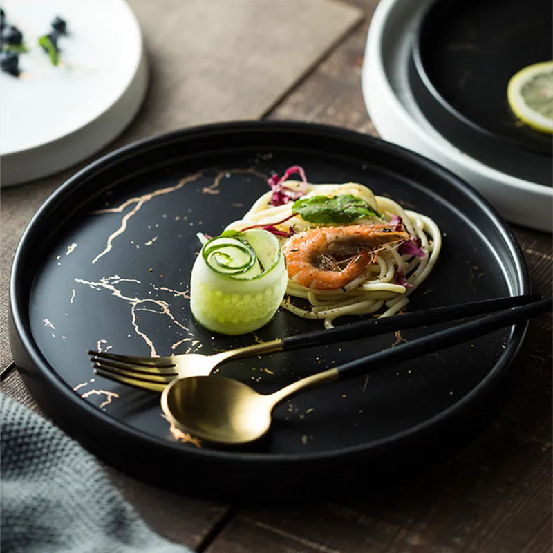 Nordic Luxury Marble Glazed Golden Pattern Ceramic Plate