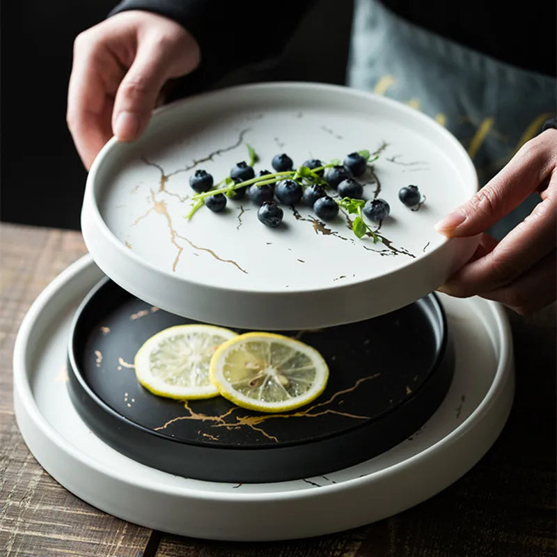 Nordic Luxury Marble Glazed Golden Pattern Ceramic Plate