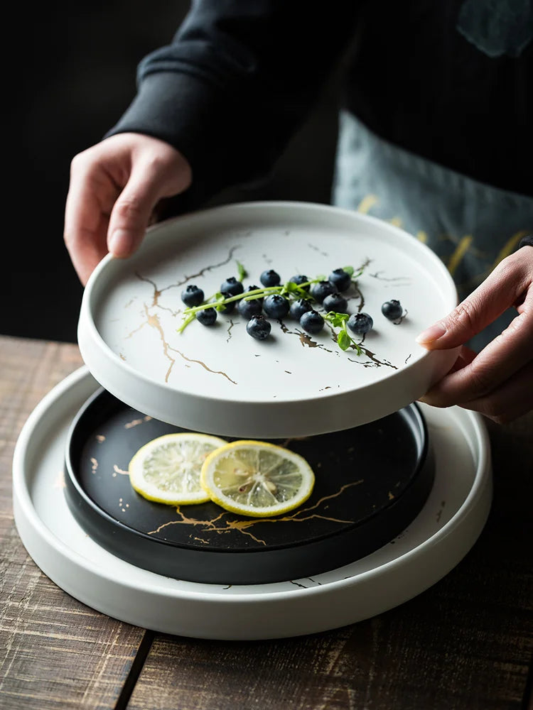 Nordic Luxury Marble Glazed Golden Pattern Ceramic Plate