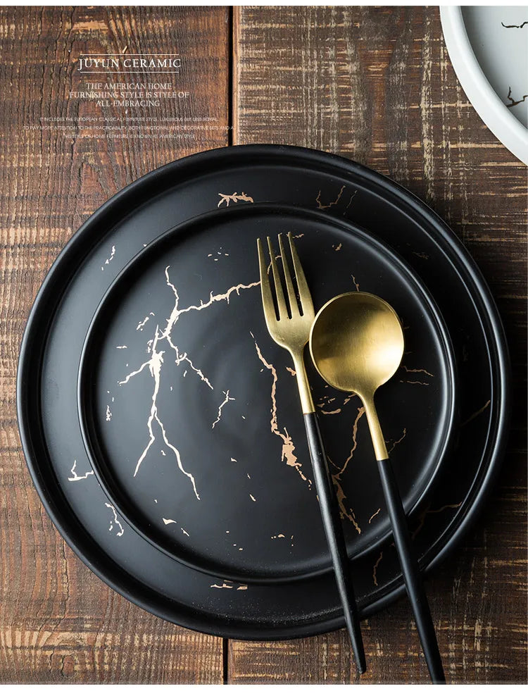 Nordic Luxury Marble Glazed Golden Pattern Ceramic Plate