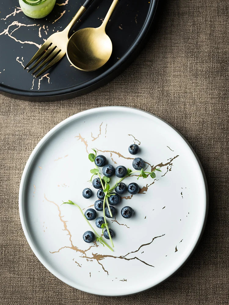Nordic Luxury Marble Glazed Golden Pattern Ceramic Plate