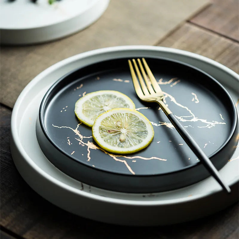Nordic Luxury Marble Glazed Golden Pattern Ceramic Plate
