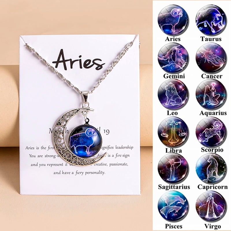 Vintage 12 Zodiac Sign Moon Pendant Necklaces