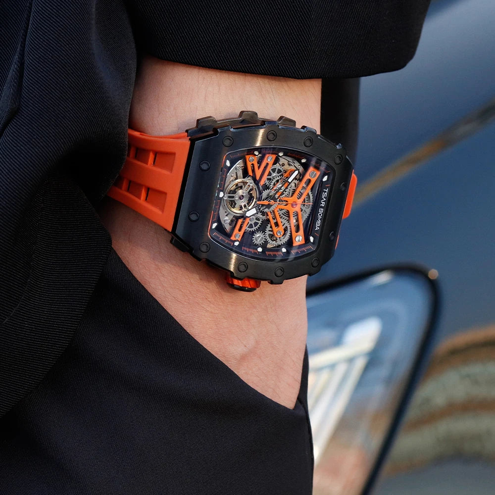 Mens MIYOTA Movement Skeleton Tonneau Waterproof Mechanical Watch