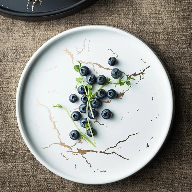 Nordic Luxury Marble Glazed Golden Pattern Ceramic Plate
