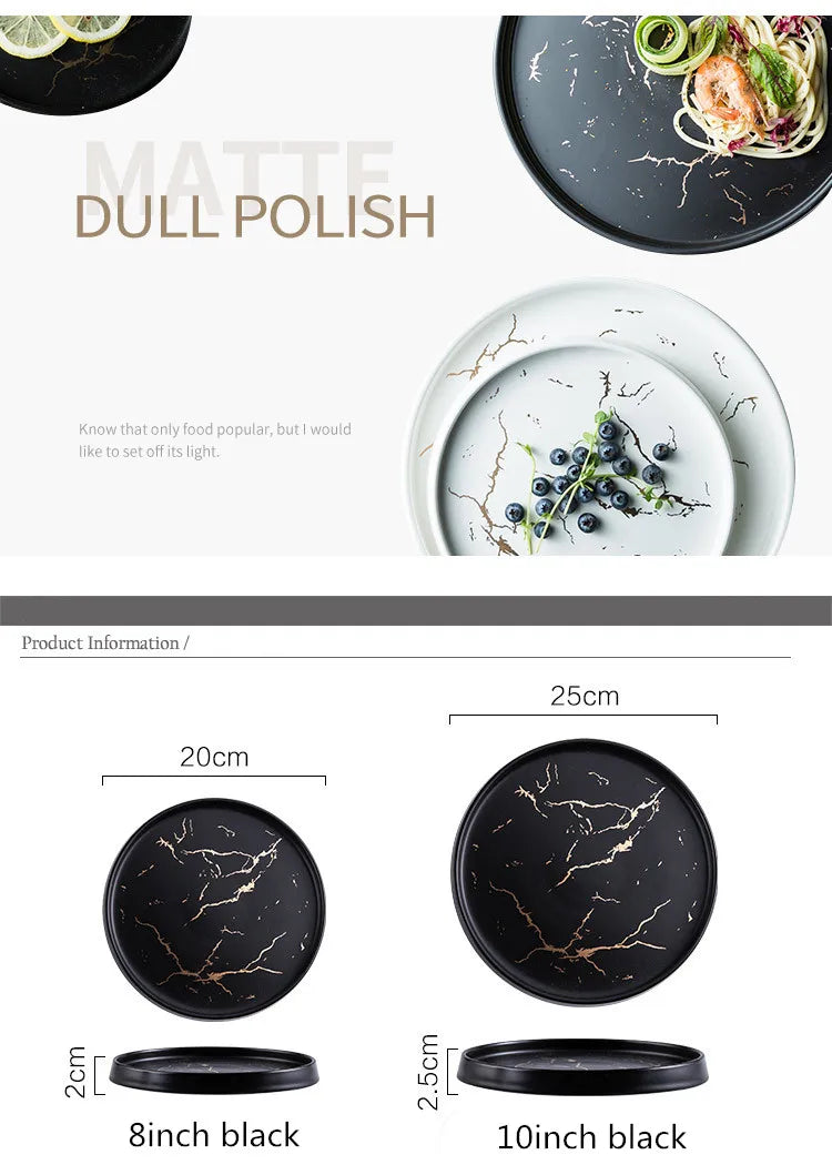 Nordic Luxury Marble Glazed Golden Pattern Ceramic Plate