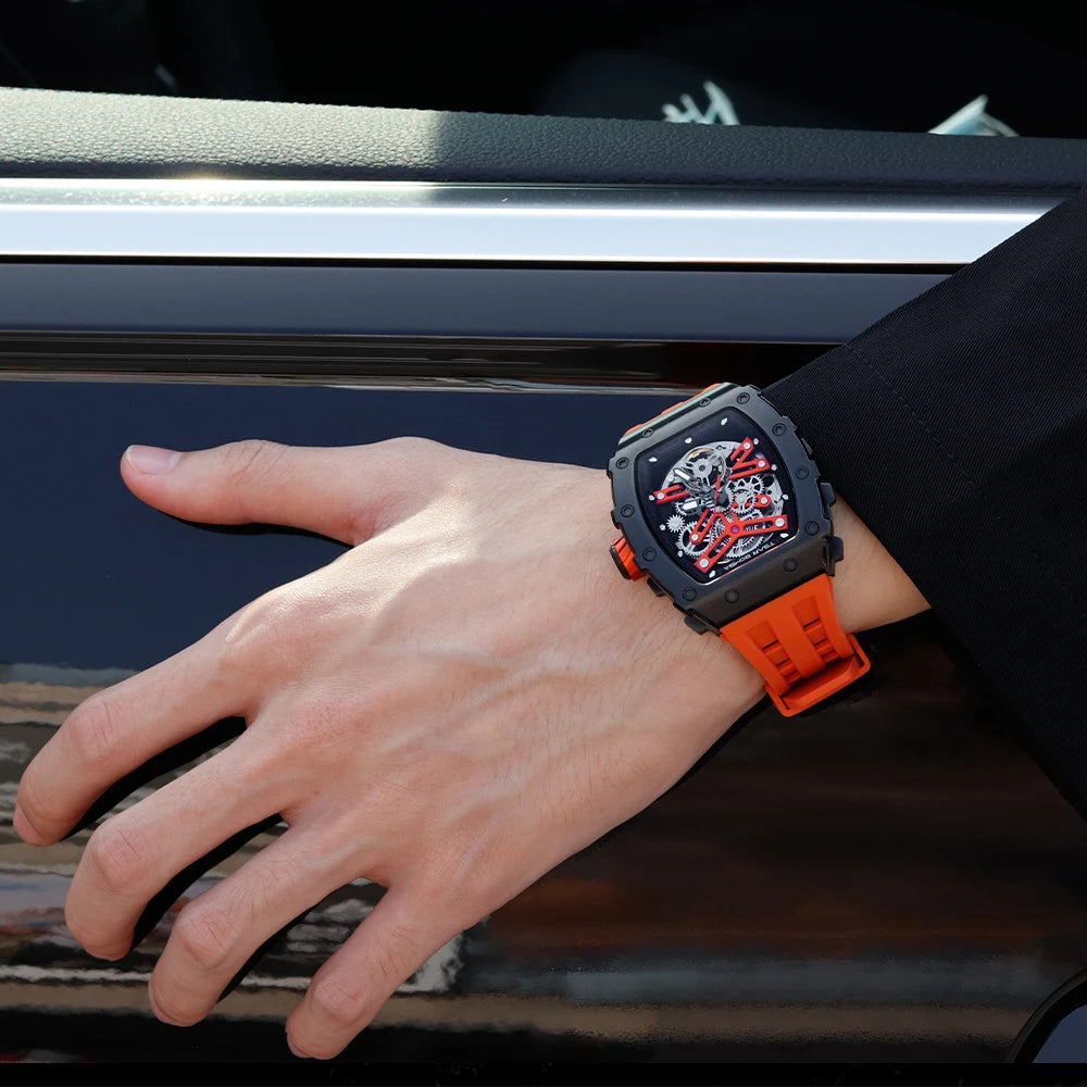 Mens MIYOTA Movement Skeleton Tonneau Waterproof Mechanical Watch