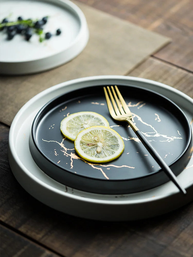 Nordic Luxury Marble Glazed Golden Pattern Ceramic Plate