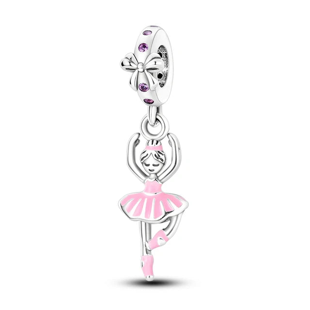 925 Silver Pink Series Bow Zircon Flower Bead Charm
