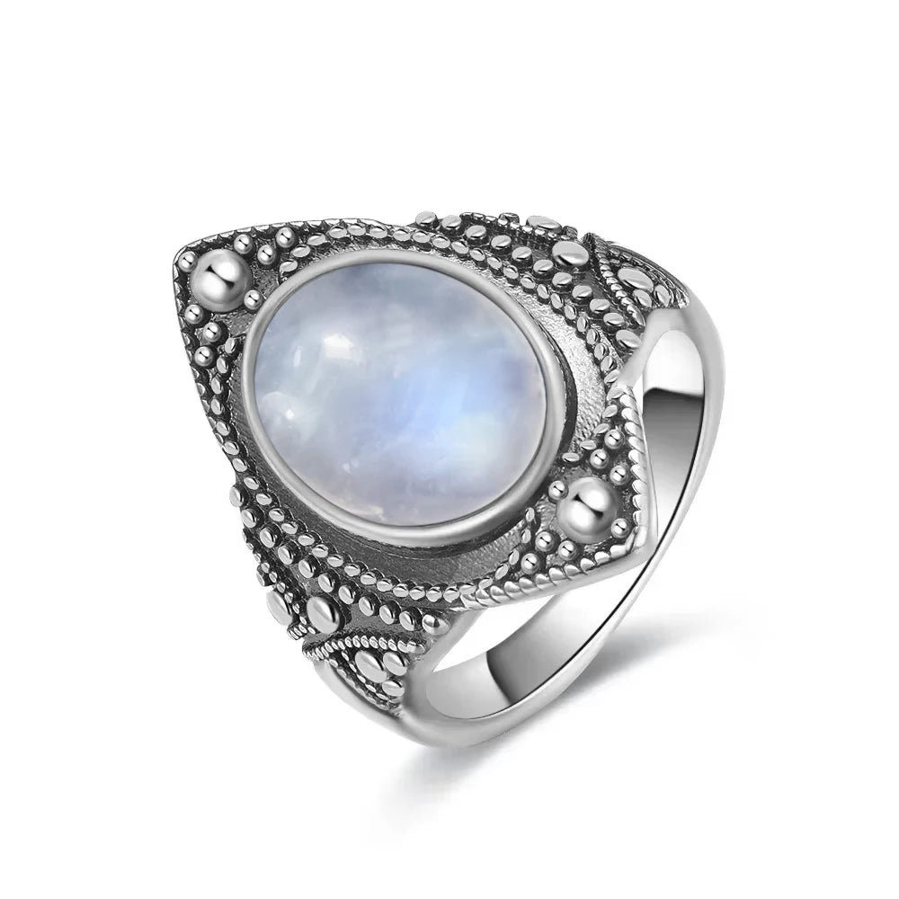 Vintage 925 Silver Ring Natural Moonstone Flower Ring