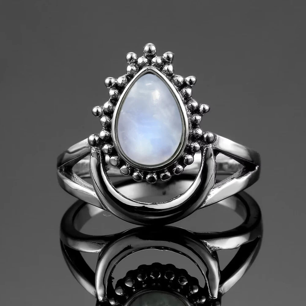 Vintage 925 Silver Ring Natural Moonstone Flower Ring