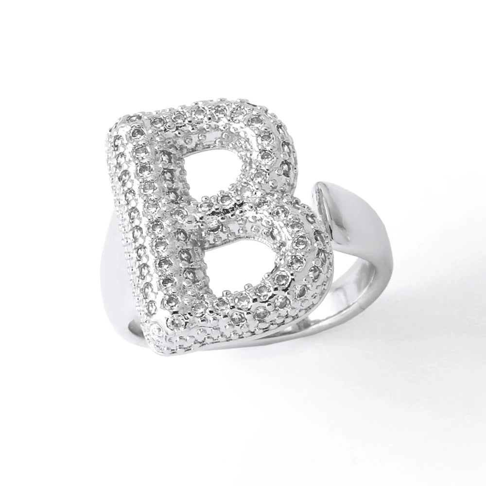 Silver Color Crystal A-Z 26 Letters Statement Rings