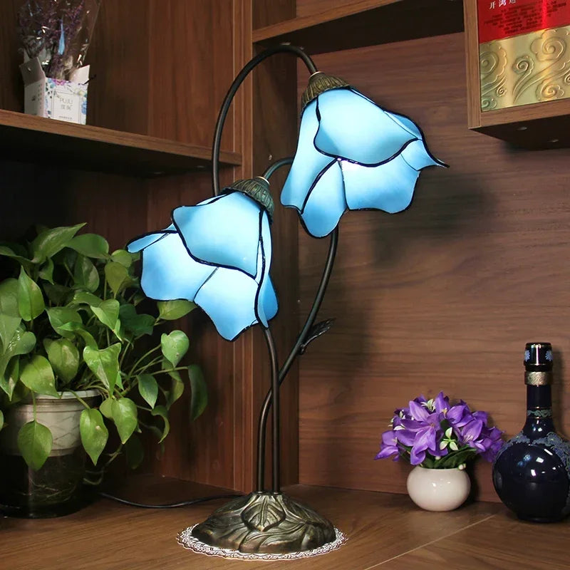 Lotus Flower Art Glass Bedside Table Lamp