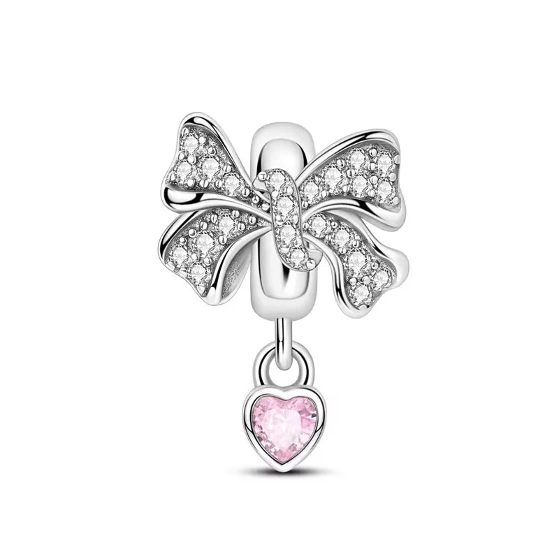 925 Silver Pink Series Bow Zircon Flower Bead Charm