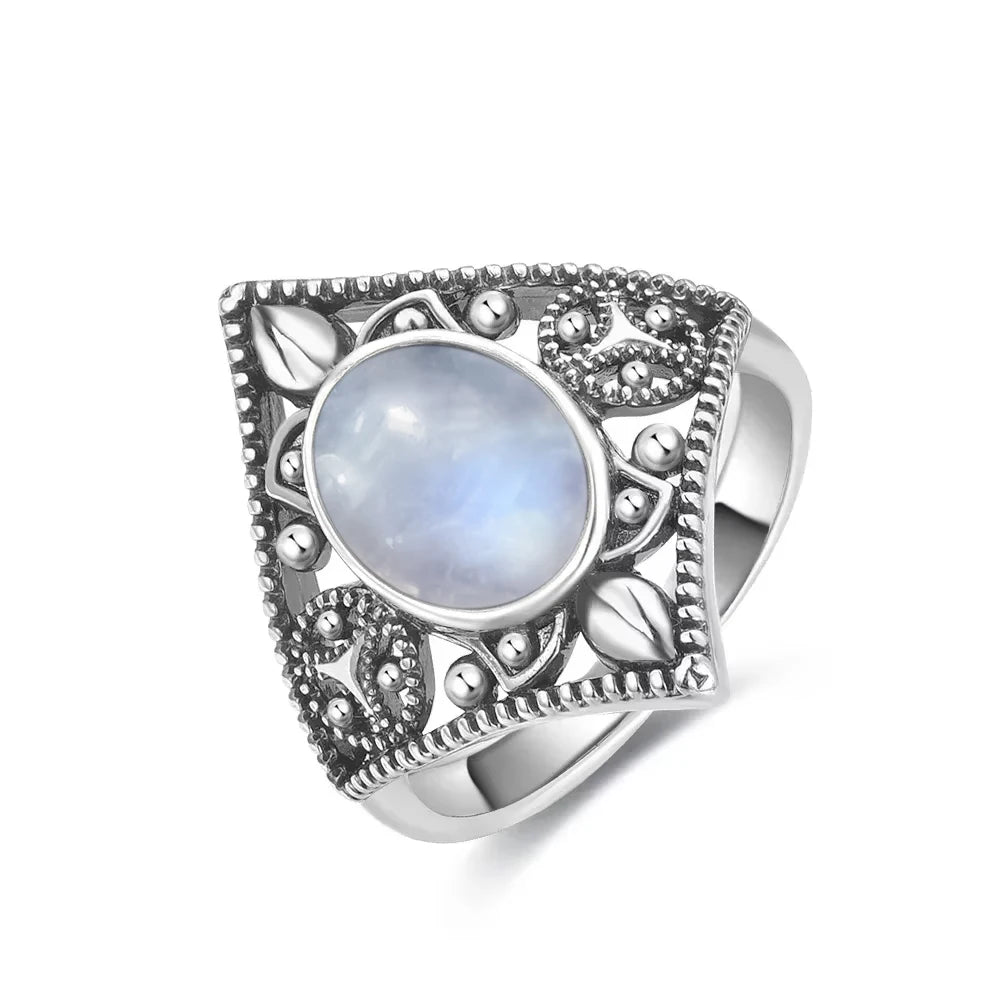 Vintage 925 Silver Ring Natural Moonstone Flower Ring