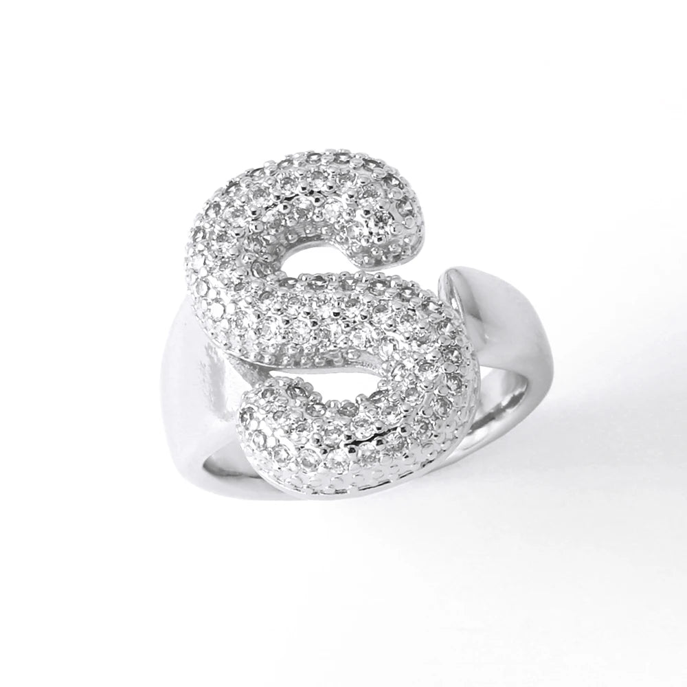 Silver Color Crystal A-Z 26 Letters Statement Rings