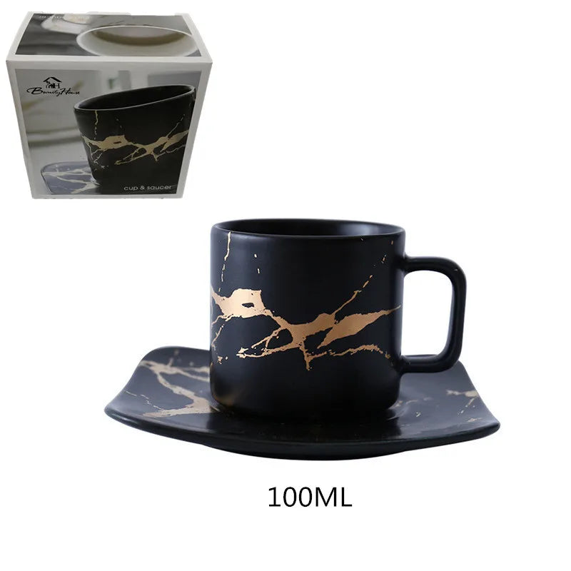 Nordic Luxury Marble Glazed Golden Pattern Ceramic Plate