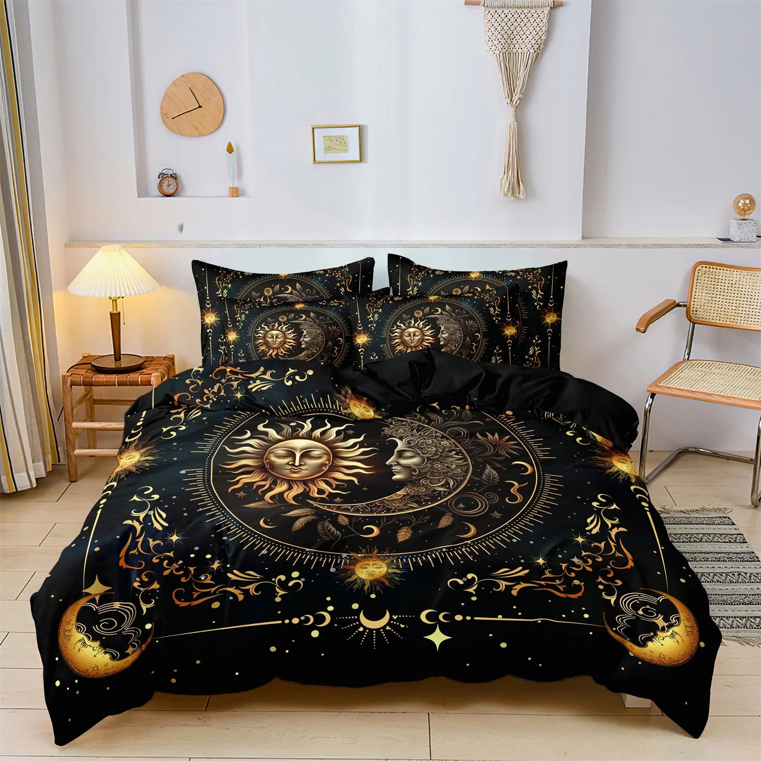 3pcs Super Soft Breathable Golden Sun And Moon Planet Duvet Cover Set