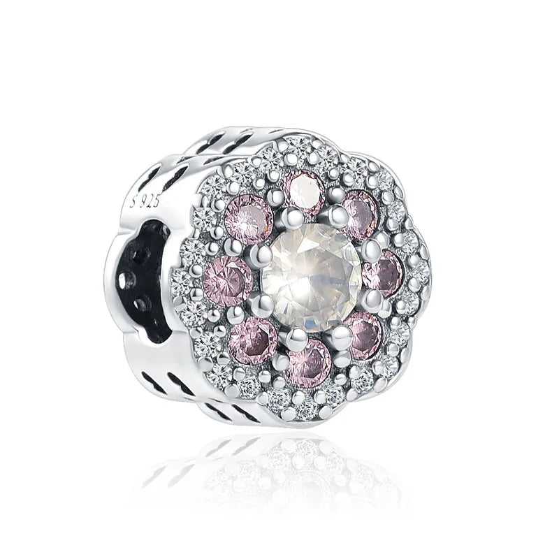 925 Silver Pink Series Bow Zircon Flower Bead Charm