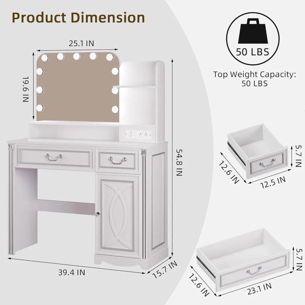Vanity Desk with Mirror and Lights Power Outlet