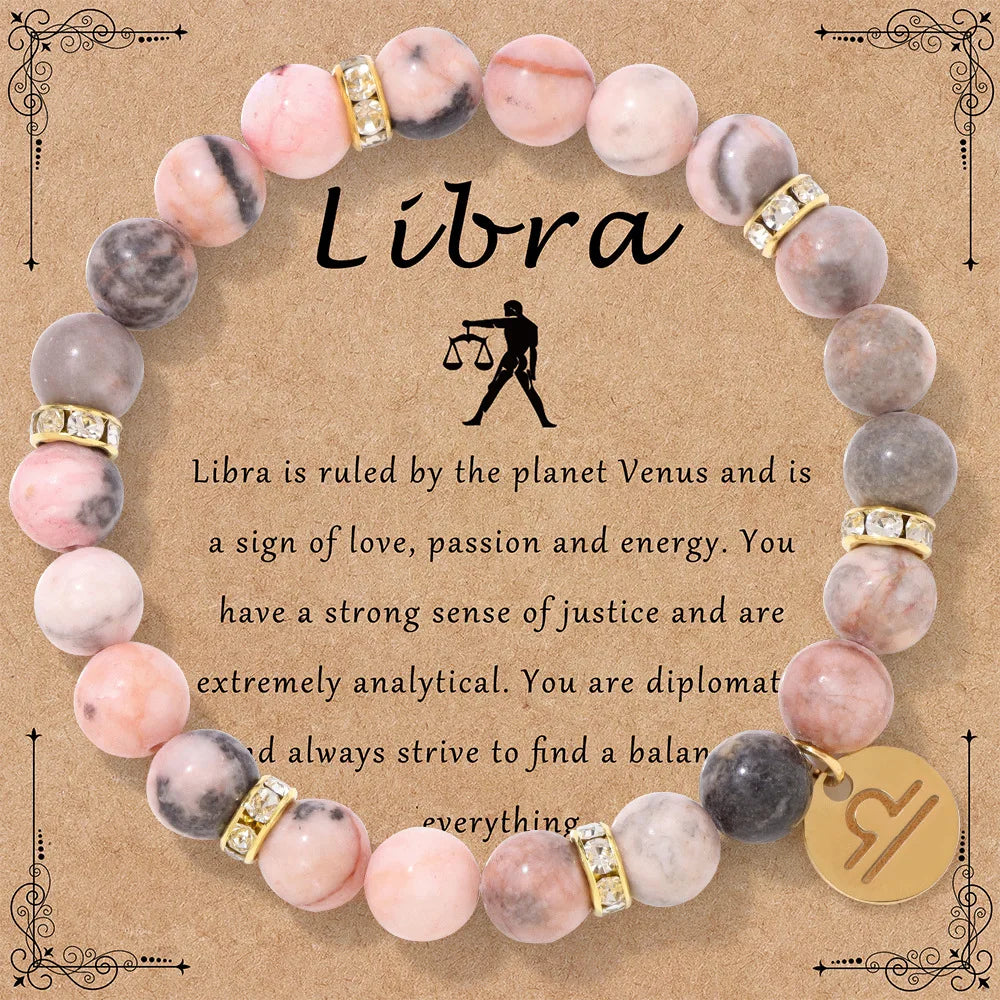 Zodiac Sign Pink Zebra Stone Beaded Bracelets
