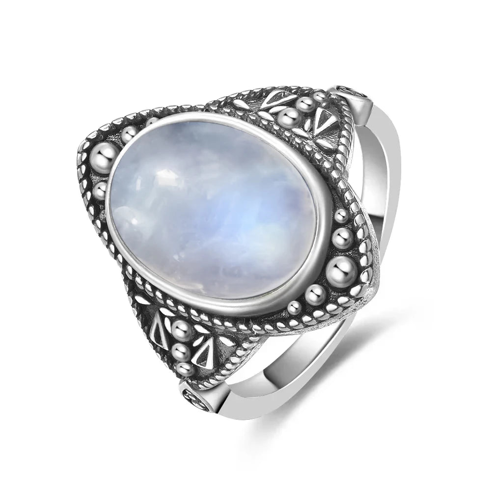 Vintage 925 Silver Ring Natural Moonstone Flower Ring