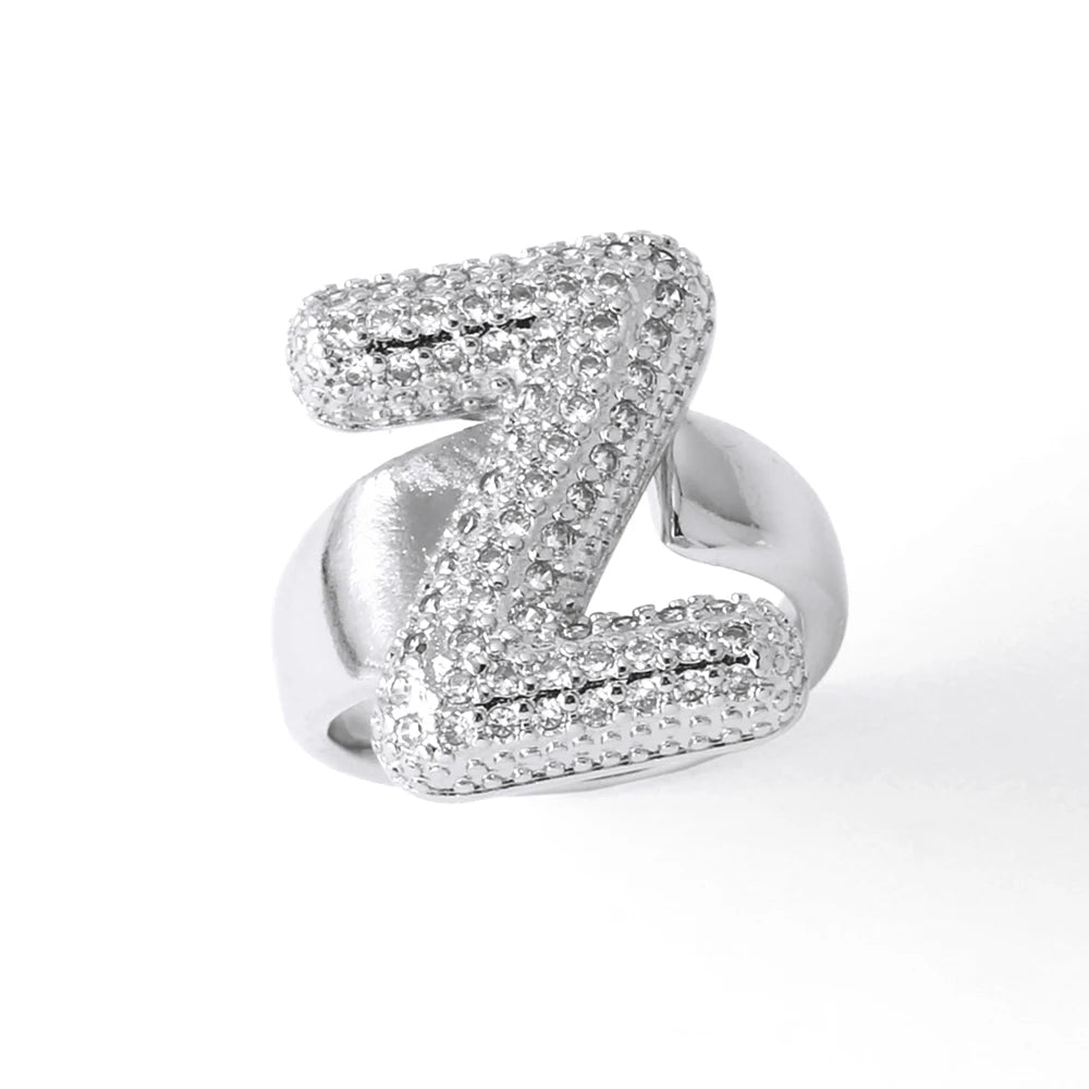Silver Color Crystal A-Z 26 Letters Statement Rings