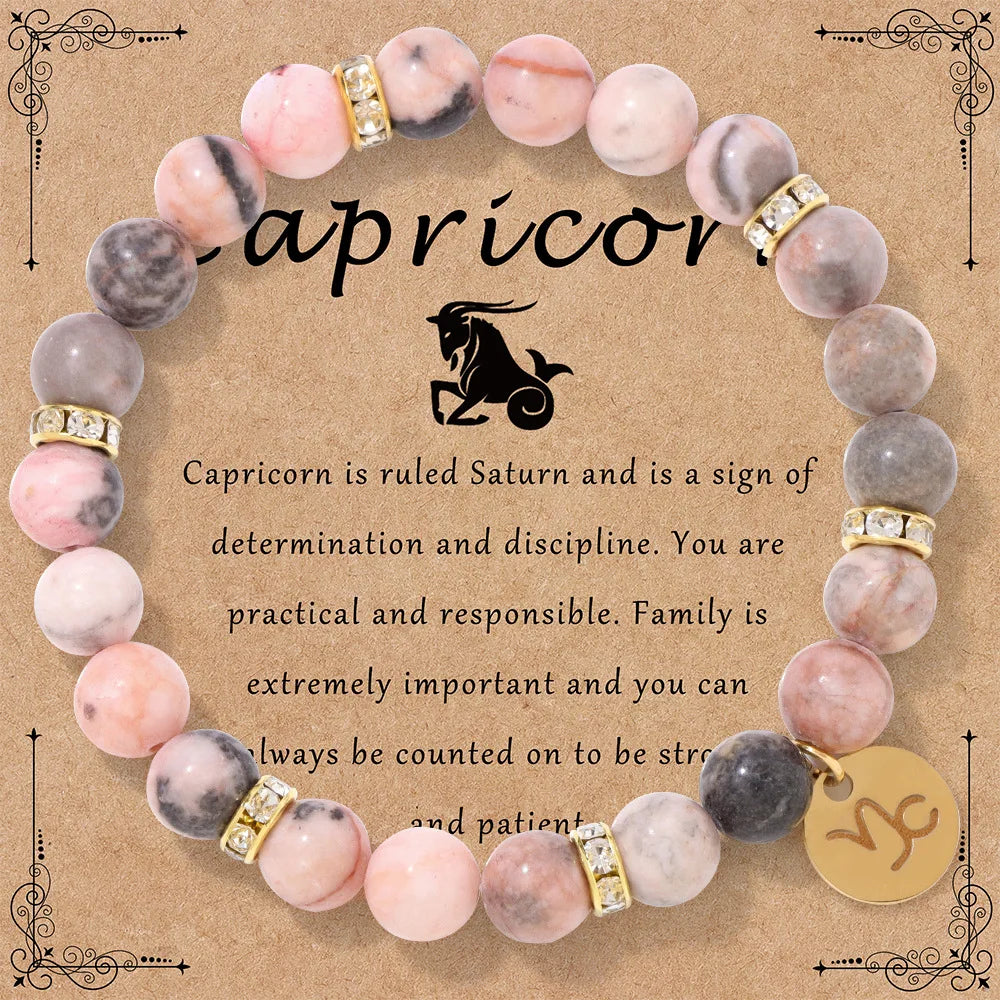 Zodiac Sign Pink Zebra Stone Beaded Bracelets