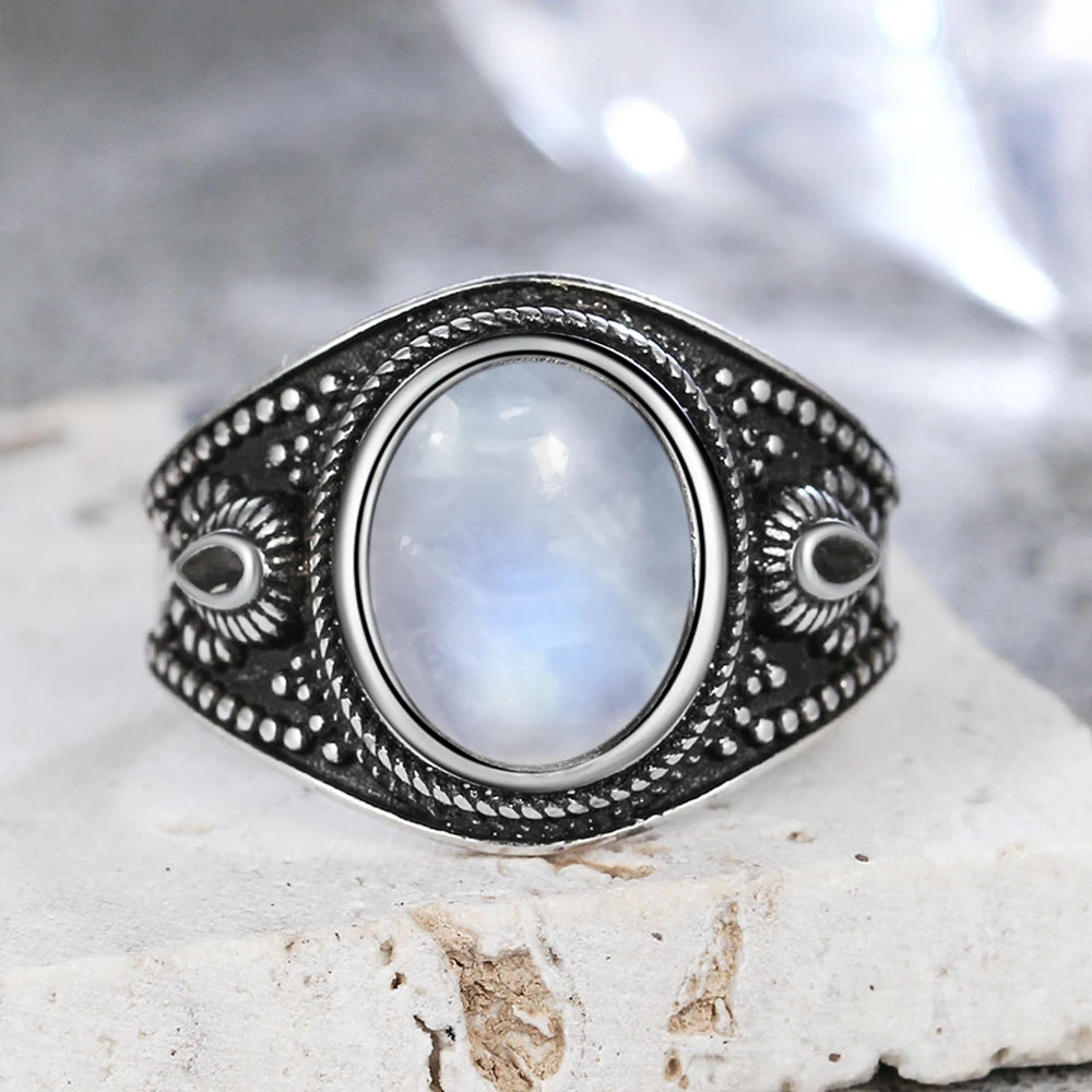 Vintage 925 Silver Ring Natural Moonstone Flower Ring