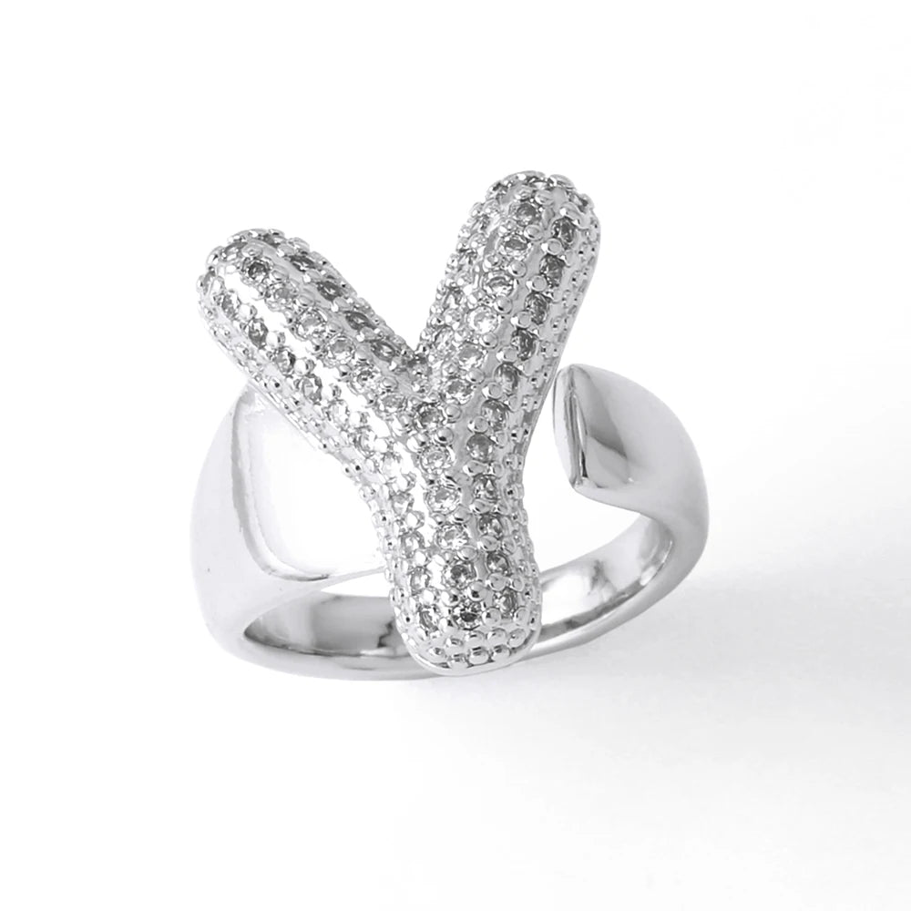 Silver Color Crystal A-Z 26 Letters Statement Rings