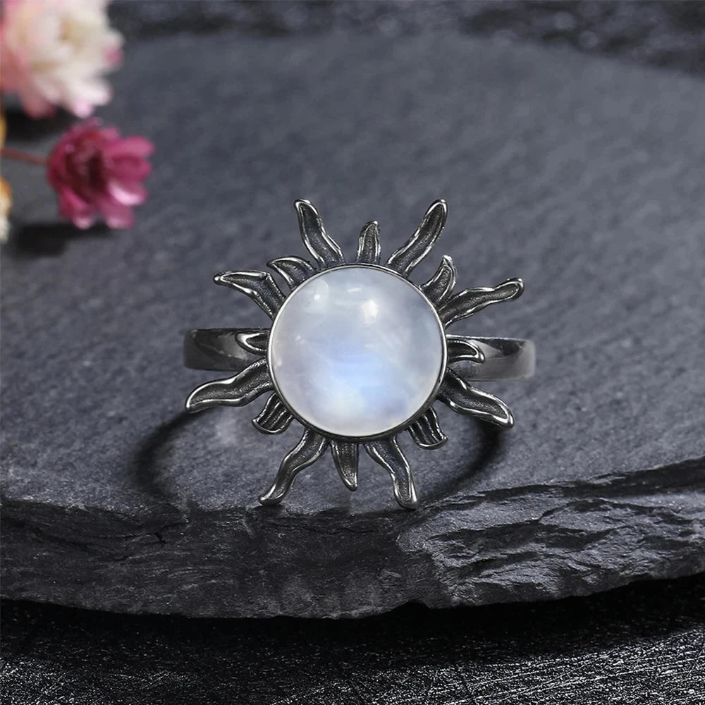 Vintage 925 Silver Ring Natural Moonstone Flower Ring