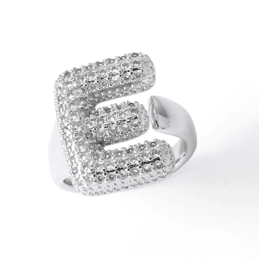 Silver Color Crystal A-Z 26 Letters Statement Rings