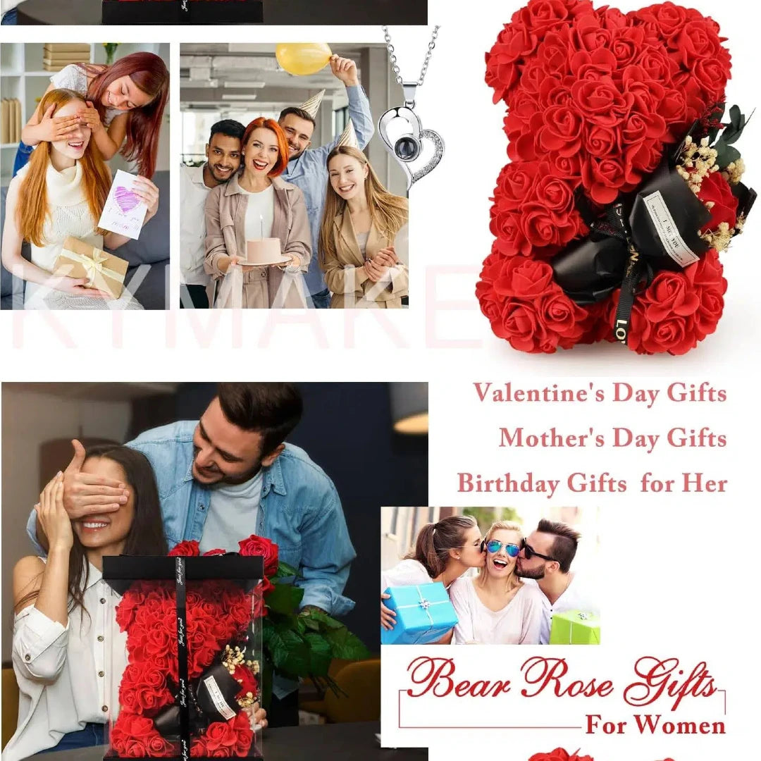 Rose Teddy Bear with I Love You Necklace
