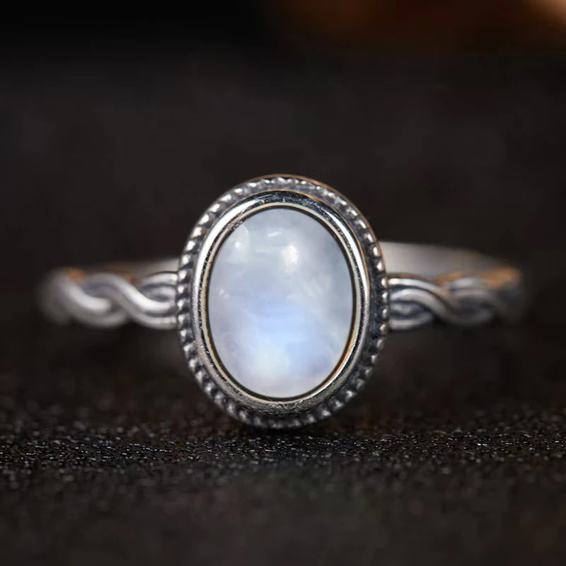 Vintage 925 Silver Ring Natural Moonstone Flower Ring