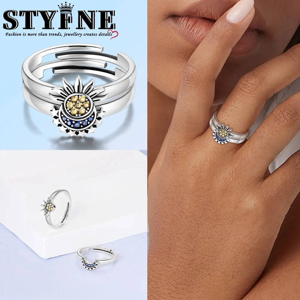 Sterling Silver 925 Plated Golden Sun and Moon Opening ring