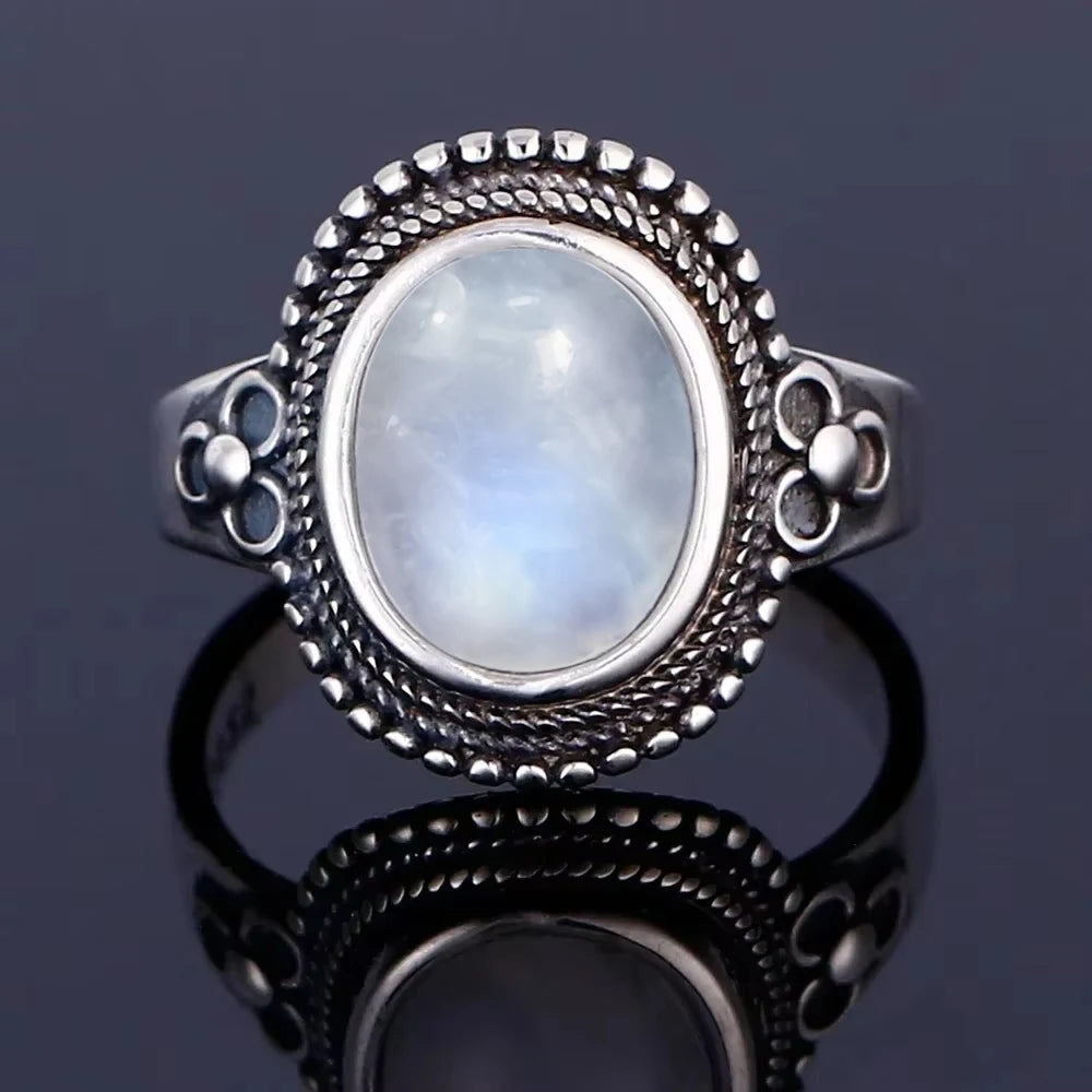 Vintage 925 Silver Ring Natural Moonstone Flower Ring