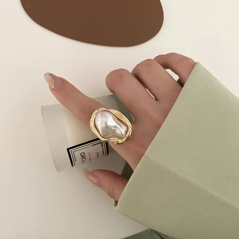 LATS Vintage White Enamel Metal Irregular Shape Geometric Open Adjustable Ring