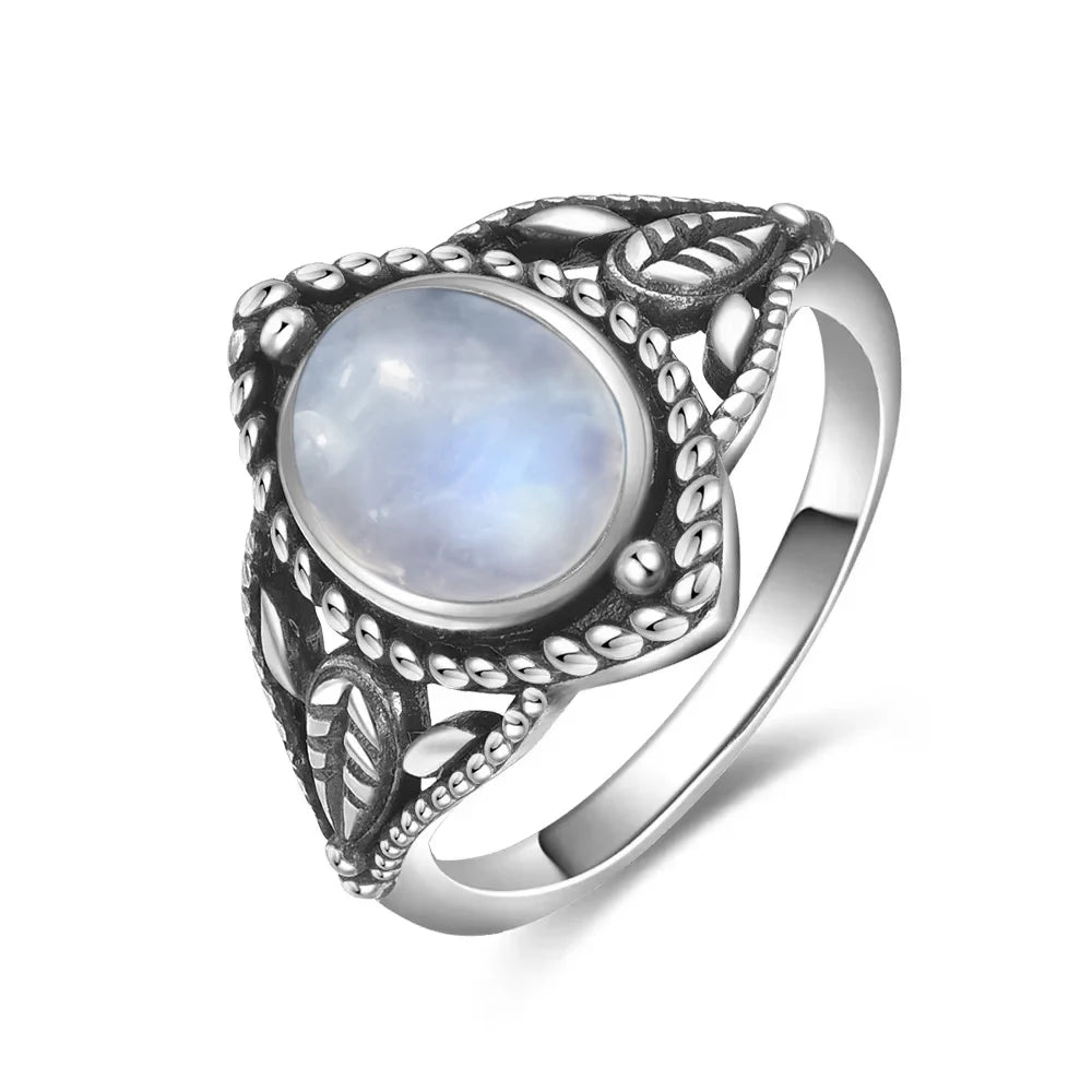 Vintage 925 Silver Ring Natural Moonstone Flower Ring
