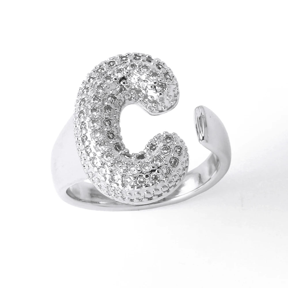 Silver Color Crystal A-Z 26 Letters Statement Rings