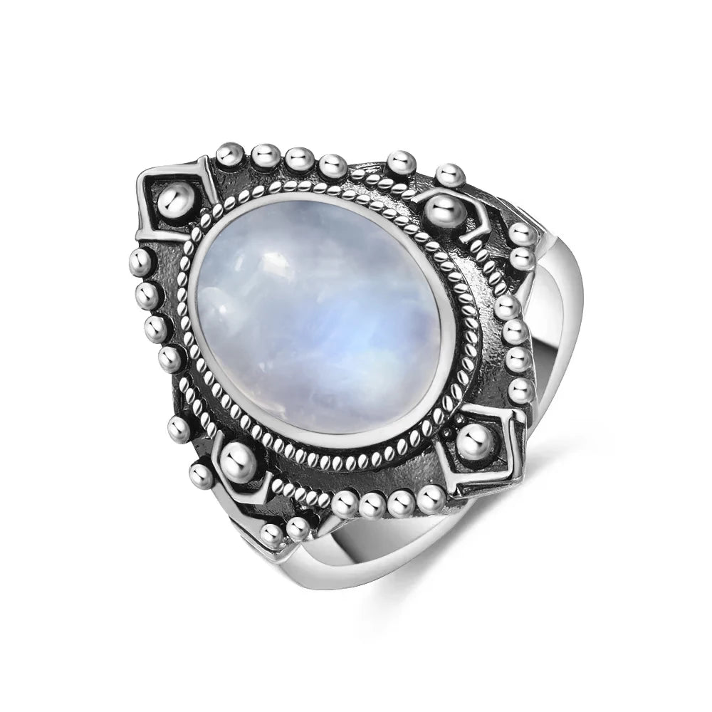 Vintage 925 Silver Ring Natural Moonstone Flower Ring