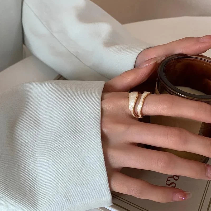 LATS Vintage White Enamel Metal Irregular Shape Geometric Open Adjustable Ring