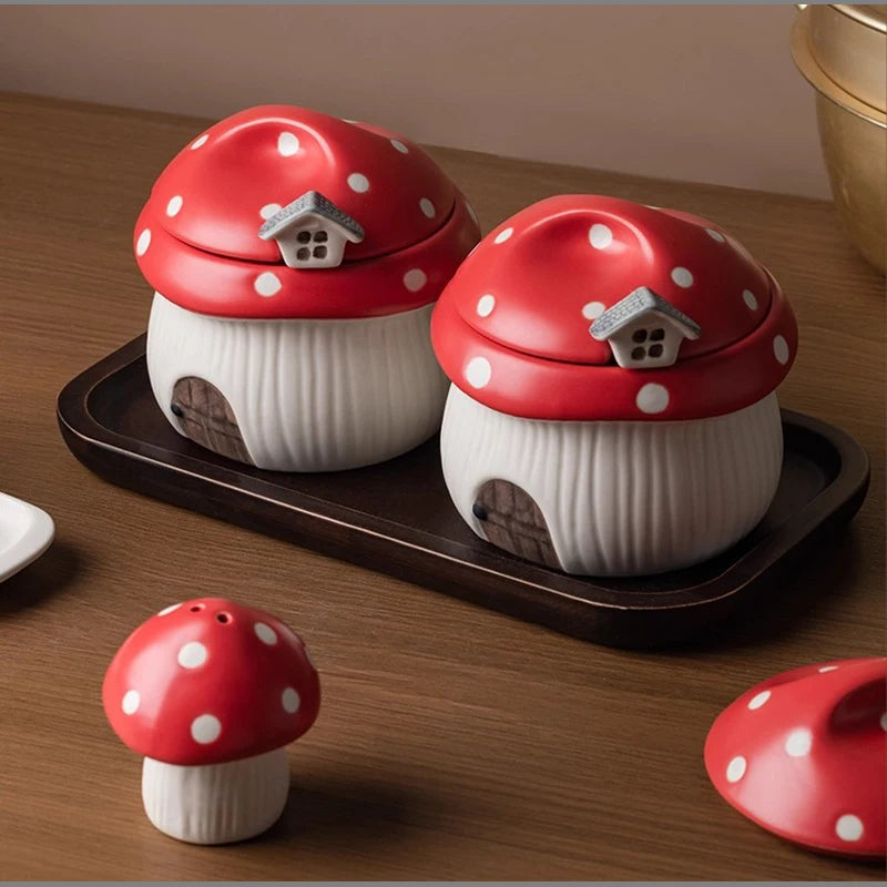 Ceramic Red Mushroom Seasoning Jar