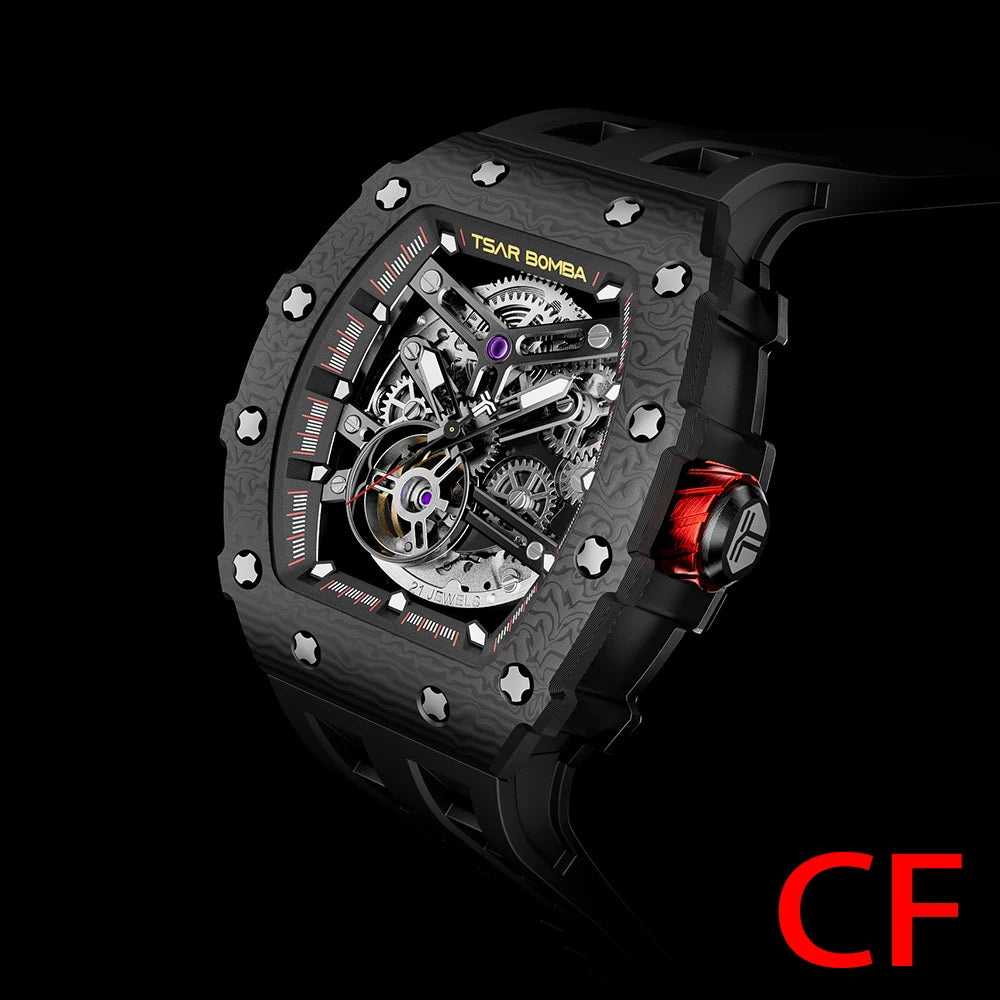 Mens MIYOTA Movement Skeleton Tonneau Waterproof Mechanical Watch