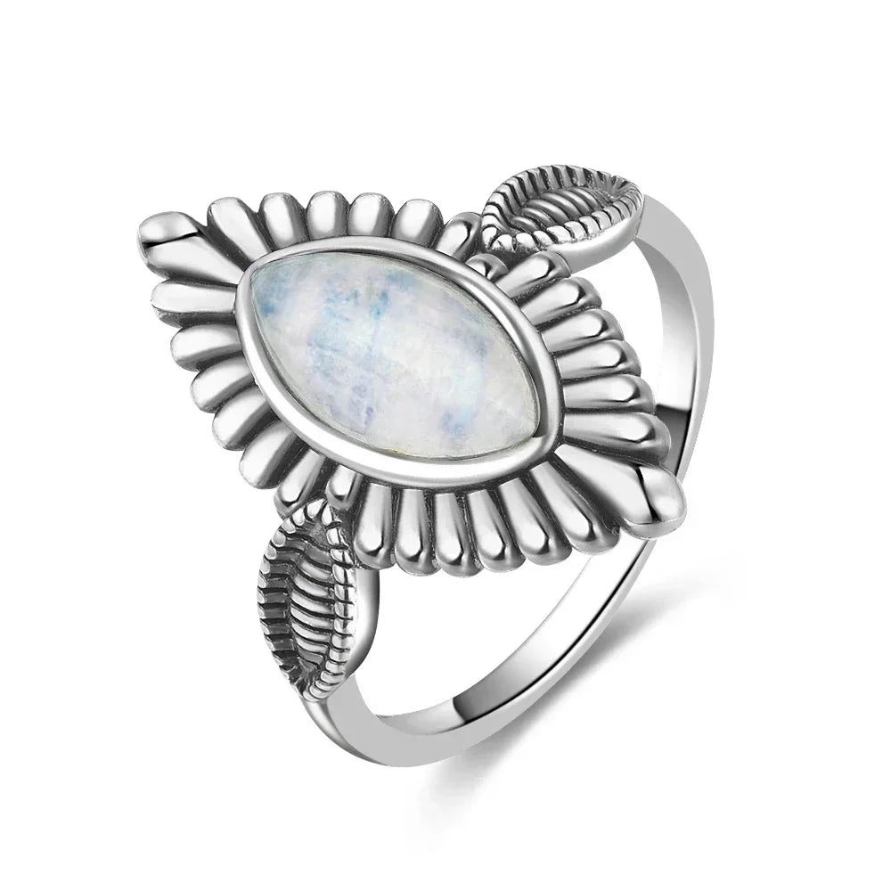 Vintage 925 Silver Ring Natural Moonstone Flower Ring