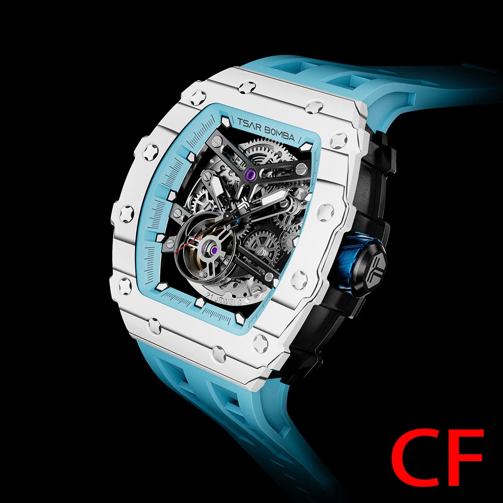 Mens MIYOTA Movement Skeleton Tonneau Waterproof Mechanical Watch