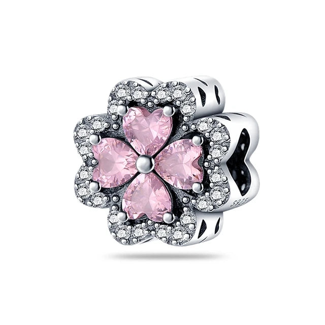 925 Silver Pink Series Bow Zircon Flower Bead Charm